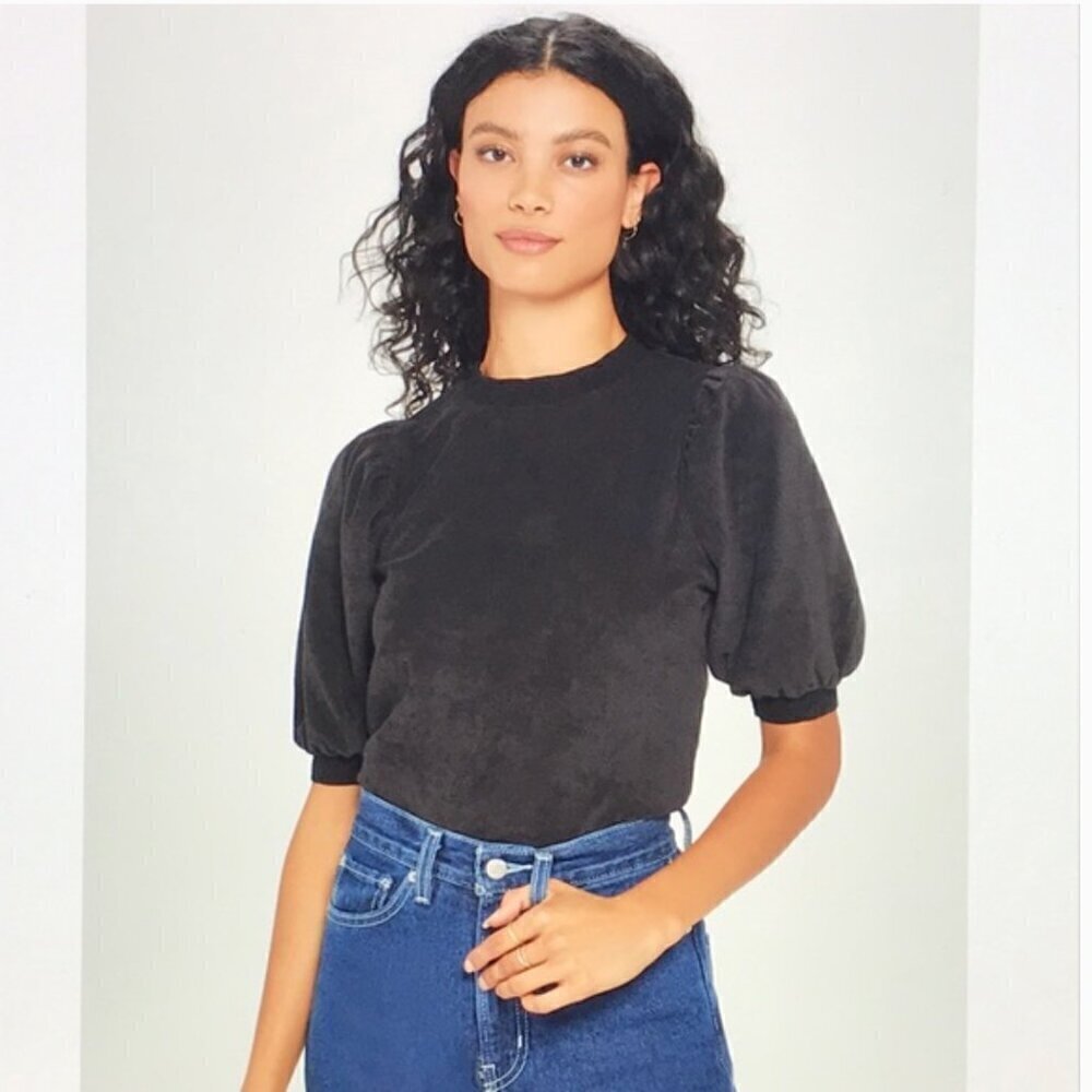 Goldie Lewinter Micro Terry Pointelle Puff Sleeve Velour Top Black Size XS